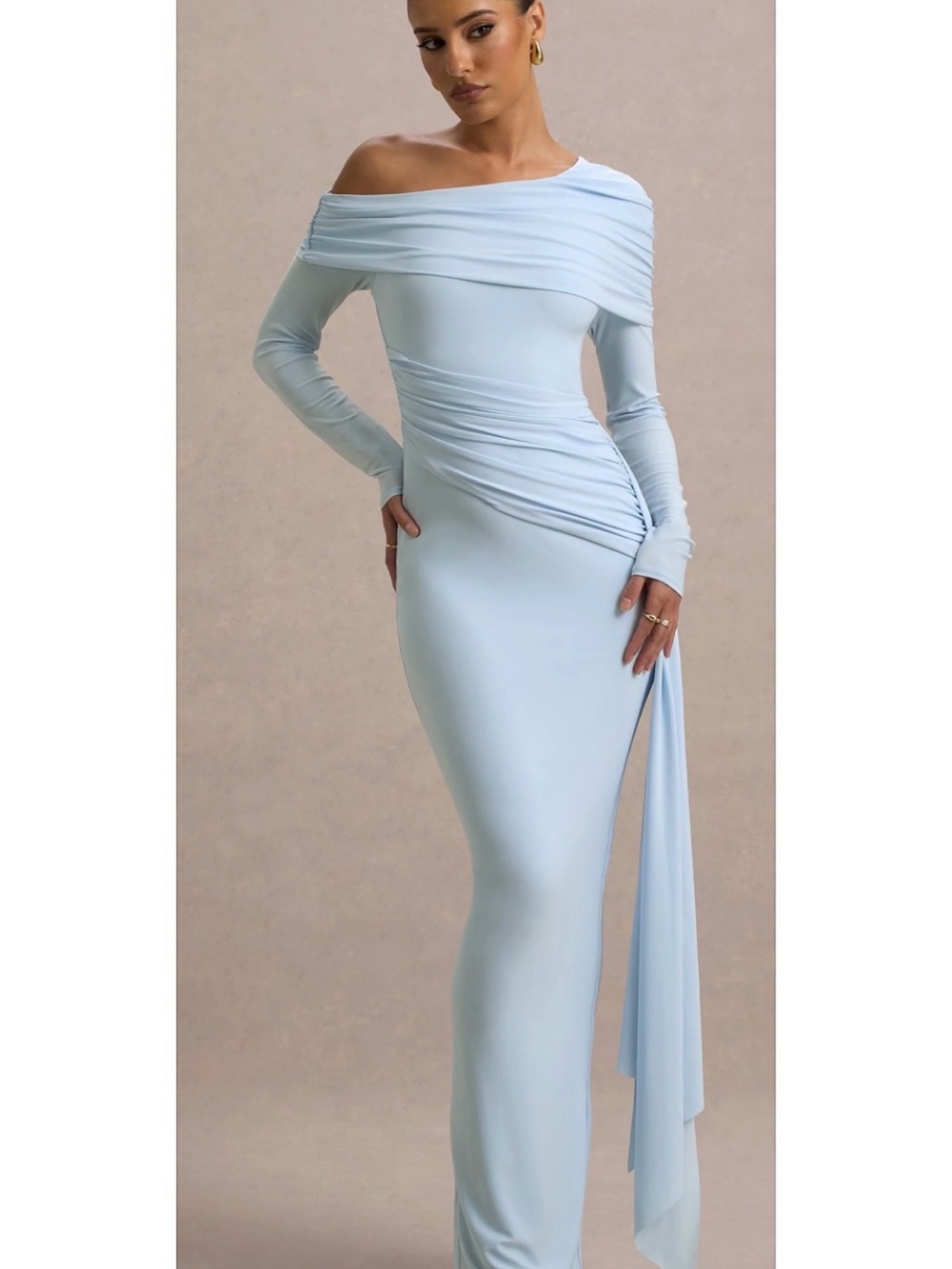 Club L London VALINA Powder Blue Ruched Asymmetric Maxi Dress With Drape